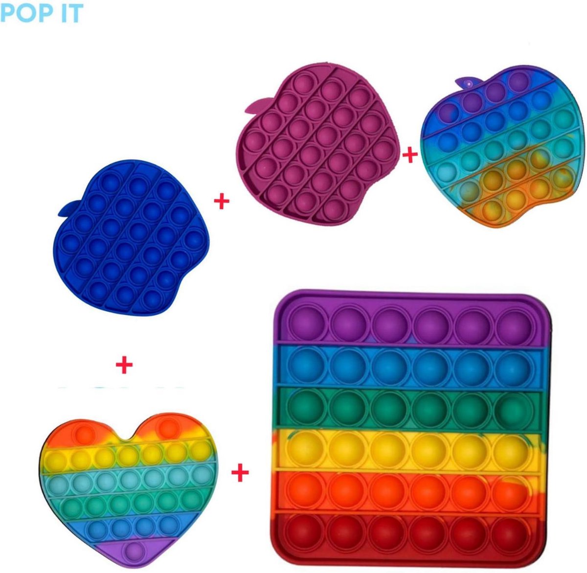 Pop it | Fidget toys | Fidget toys pakket Unieke Set 5 in 1 Rainbow regenboog hartje + vierkant + Appel regenboog + blauw + paars | Trend 2021 | Anti stress | Meisjes  jongens volwassenen | Verjaardag cadeautip | Leuk voor pasen